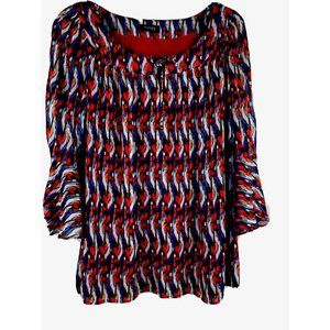 Glance Womens 1X Red Blue Orange Print Top Metallic Highlights Bell Sleeves